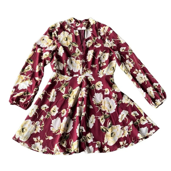 Lucca burgundy Flare Mini Dress Medium Mock Neck Front Peekaboo Cottagecore Flow - Picture 1 of 15